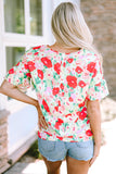 Red Floral Print Ruffled Short Sleeve V Neck Blouse