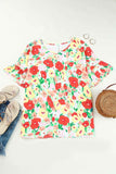 Red Floral Print Ruffled Short Sleeve V Neck Blouse