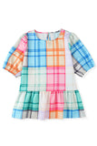 Multicolor Bold Plaid Color Block Puff Sleeve Peplum Top