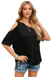 Black Solid Asymmetrical Neck Loose Casual T-Shirt