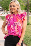 Rose Floral Flutter Sleeves Frilled Neck Blouse