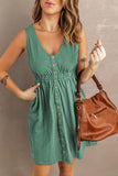 Green Buttons Sleeveless High Waist Mini Dress