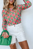 Red Retro Floral Print Stretchy Long Sleeve Top