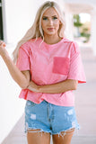 Pink Lace Patch Pocket Long Sleeve T-shirt