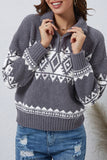 Gray Western Geometric Printed Quarter Zip Pullover Sweater