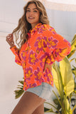 Red Floral Print Lantern Sleeve Shirt