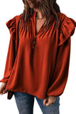 Orange Ruffled Pleated Buttoned V Neck Blouse