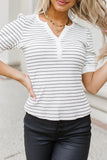 White Striped Print Notch V Neck Short Sleeve Top