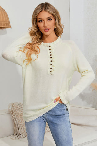 Khaki Frill Trim Buttoned Knit Pullover Sweater