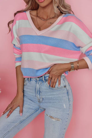 Pink Contrast Striped V Neck Long Sleeve Top