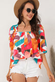 Multicolor Square Neck Abstract Print Short Sleeve Blouse