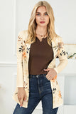 Apricot Floral Print Ribbed Knit Slim Fit Cardigan