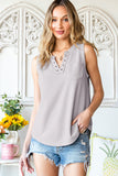 Gray Notched Neck Eyelet Thermal Knit Tank