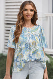 Sky Blue Paisley Pattern Print Drawstring V Neck Blouse