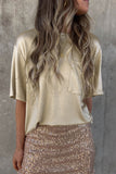 Apricot Glitter Chest Pocket Round Neck Long Sleeve Top