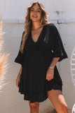 Black Ruffled 3/4 Sleeve V Neck Babydoll Mini Dress