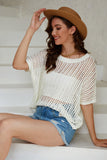 Apricot Fishnet Knit Ribbed Round Neck Short Sleeve Sweater Tee