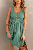 Green Buttons Sleeveless High Waist Mini Dress