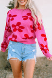 Rose Big Flower Knit Ribbed Trim Sweater