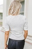 White Striped Print Notch V Neck Short Sleeve Top