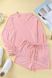 Pink Swiss Dot Split Neck Long Sleeve Top and Shorts Lounge Set