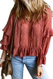 Red Swiss Dot Lace up V Neck Ruffled Blouse