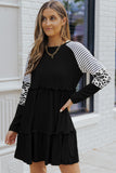 Black Striped Leopard Patchwork Long Sleeve Mini Dress