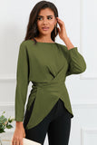 Green Lace-up Wrapped Split Hem Solid Long Sleeve Top