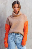 Khaki Color Block Turtle Neck Drop Shoulder Knit Sweater