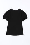 Black Embroidered Flower Short Puff Sleeve Tee