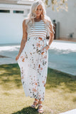 White Striped Floral Print Sleeveless Maxi Dress with Pocket