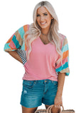 Rose Stripe Color Block Bubble Sleeve Top