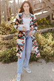 Multicolor Geometric Color Block Open Front Long Cardigan