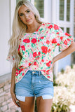 Red Floral Print Ruffled Short Sleeve V Neck Blouse