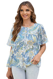 Sky Blue Paisley Pattern Print Drawstring V Neck Blouse