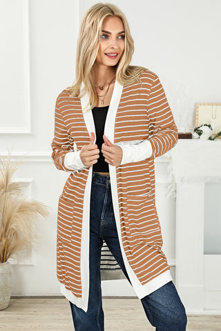 White Striped Side Pockets Open Front Cardigan