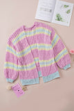 Pink Contrast Striped Open Front Cable Cardigan