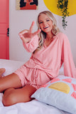 Pink Swiss Dot Split Neck Long Sleeve Top and Shorts Lounge Set