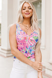 Pink Floral Print Notch Neck Sleeveless Top