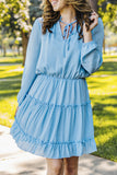 V Neck Long Sleeve Ruffle Tiered Mini Dress