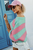 Green Contrast Striped Drop Shoulder Loose Sweater