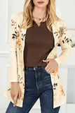 Apricot Floral Print Ribbed Knit Slim Fit Cardigan