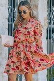 Red Frilled Collar Long Sleeve Floral Dress with Ruffle