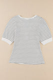 White Striped Print Notch V Neck Short Sleeve Top