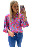 Multicolor Abstract Floral Button Up Long Puff Sleeve Shirt