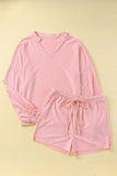 Pink Swiss Dot Split Neck Long Sleeve Top and Shorts Lounge Set