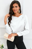 Brown Solid Asymmetric V Neck Long Sleeve Satin Blouse