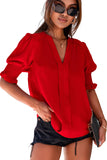 Red Solid Color Half Sleeve V Neck Blouse