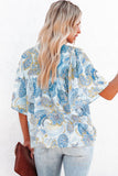 Sky Blue Paisley Pattern Print Drawstring V Neck Blouse