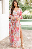 Tropical Plant Print Long Sleeve Wrap V-Neck Slit Maxi Dress